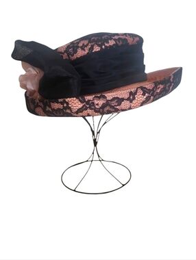 Vintage Whitall & Shon Pink with Black Lace Trimmed Hat